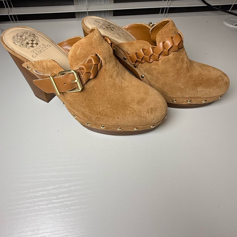 Vince Camuto Crashell Womens Size‎ 8 Mules Brown Leather Wooden heel Buckle Clog
